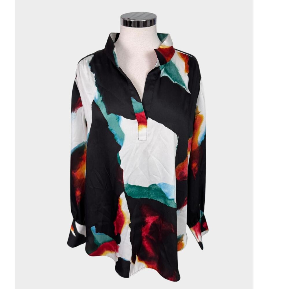 Chico's Womens Size 3 US 16 Blouse Long Sleeve Black White Green Red